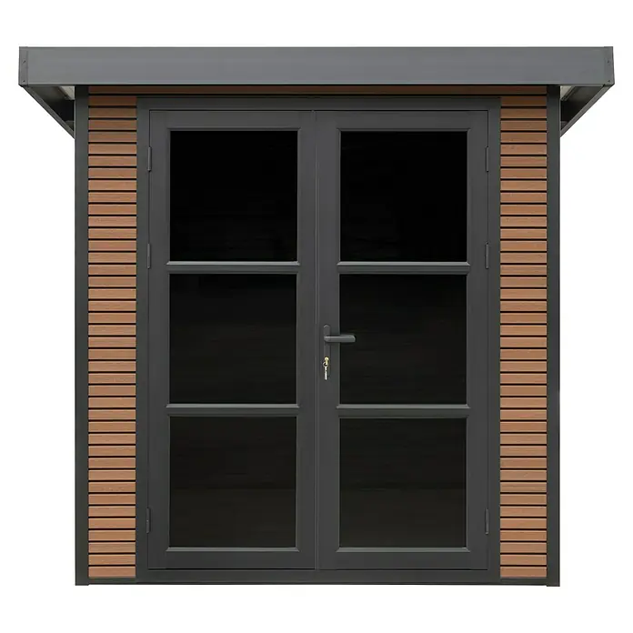 Gerätehaus Fusyon Composite - Außenmaß inkl. Dachüberstand (B x T): 238 x 234 cm, Verbundwerkstoff, Wooden Braun - Bild einer modernen Gartentür mit Holzelementen, ideal für Gartenhäuser.