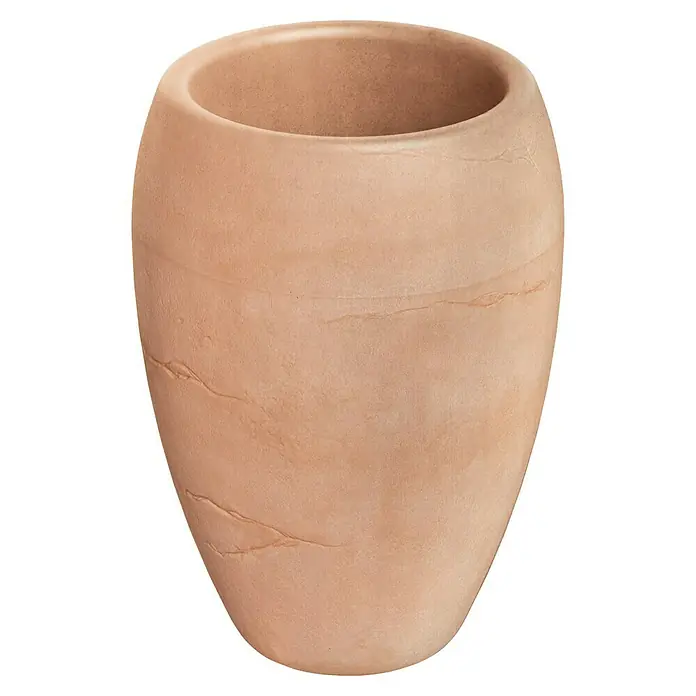 ETHICK Pflanzsäule rund Cano - Außenmaß (Ø x H): 40 x 54 cm, Kunststoff, Terrakotta, Integrierter Pflanztopf - Nahaufnahme eines eleganten, sandfarbenen Pflanzgefäßes mit einer dezenten Marmorierung und einer weichen, organischen Form.