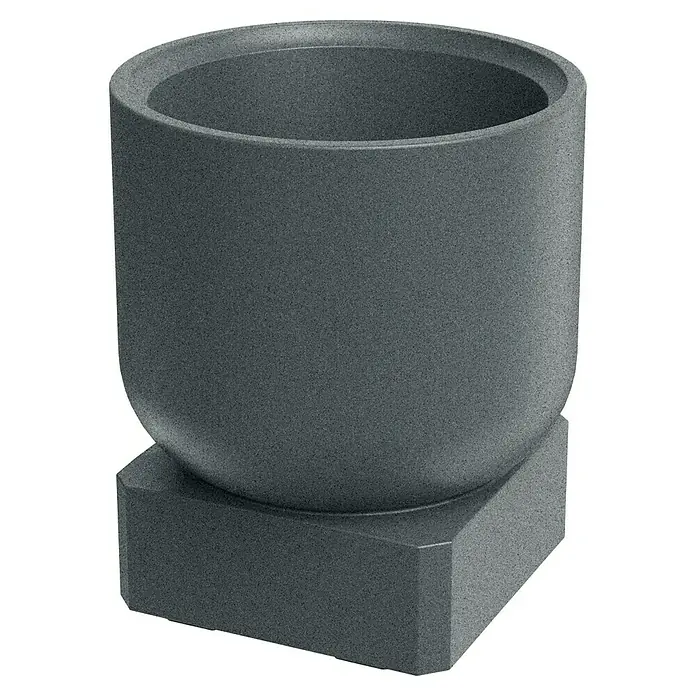 ETHICK Pflanzkübel rund Molta Base - 1 Stk., Außenmaß (Ø x H): 40 x 44 cm, Kunststoff, Granit - Ein grauer Pflanzkübel aus robustem Material, ideal für den Außenbereich, steht auf einem quadratischen Sockel.