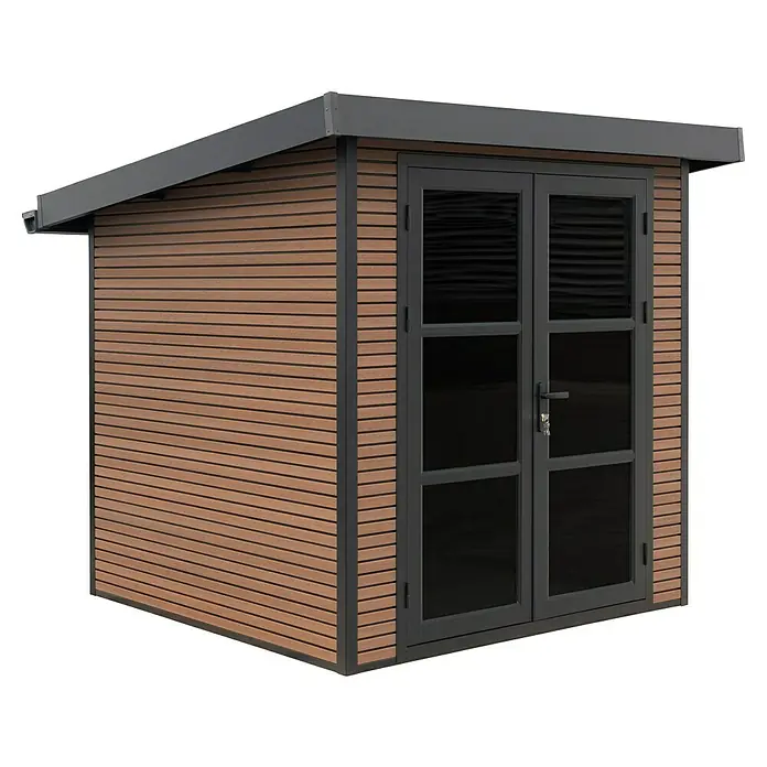 Gerätehaus Fusyon Composite - Außenmaß inkl. Dachüberstand (B x T): 238 x 234 cm, Verbundwerkstoff, Wooden Braun - Außenansicht eines modernen Holzschuppens mit Doppeltür und flachem Dach, ideal für die Gartenaufbewahrung.