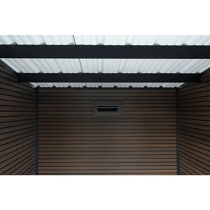 Gerätehaus Fusyon Composite - Außenmaß inkl. Dachüberstand (B x T): 238 x 234 cm, Verbundwerkstoff, Wooden Braun - Innenansicht eines modernen Pavillons mit Holzverkleidung, Lüftungsschlitz und Metalldach für stilvollen Schutz im Freien.