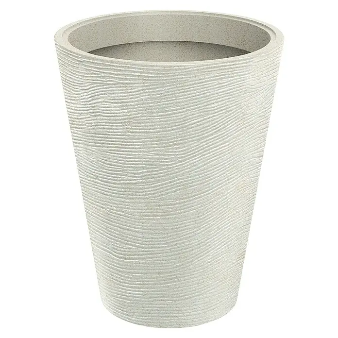 ETHICK Pflanztopf Tubra - Außenmaß (Ø x H): 48 x 60 cm, Kunststoff, Sand - Ein cremefarbener Pflanzkübel mit einer horizontalen, wellenförmigen Textur. Ideal für Pflanzenliebhaber, die Stil und Funktionalität schätzen.