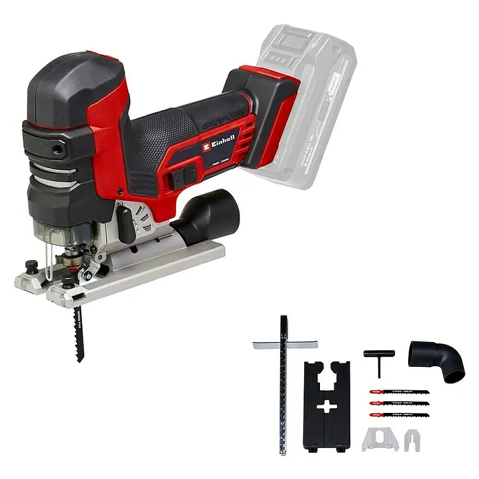 Einhell Professional Power X-Change 18V Akku-Pendelhubstichsäge TP-JST 18/135 Li BL - Solo - 18 V, Li-Ionen, Ohne Akku - Bild einer Einhell Akku-Pendelhub-Stichsäge mit Zubehör, ideal für präzise Holzarbeiten. Kabellose Freiheit und vielseitige Einsatzmöglichkeiten.