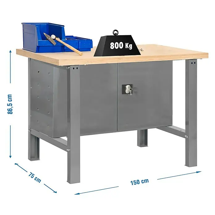 Simonrack Simonwork Banco de trabajo BT6 Cabinet - L x An: 75 x 150 cm, Altura de trabajo: 86,5 cm, Carga soportada: 600 kg, Gris - Banco de trabajo con armario de acero, encimera robusta y dimensiones prácticas para trabajos de taller.
