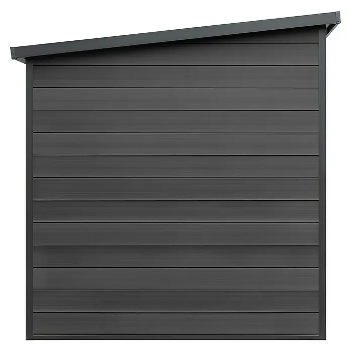Gerätehaus Mixon Composite - Außenmaß inkl. Dachüberstand (B x T): 217 x 217 cm, Verbundwerkstoff, Teak Walnuss - Ansicht einer modernen, grauen Gerätehauswand mit horizontalen Paneelen und einem schrägen Dach.