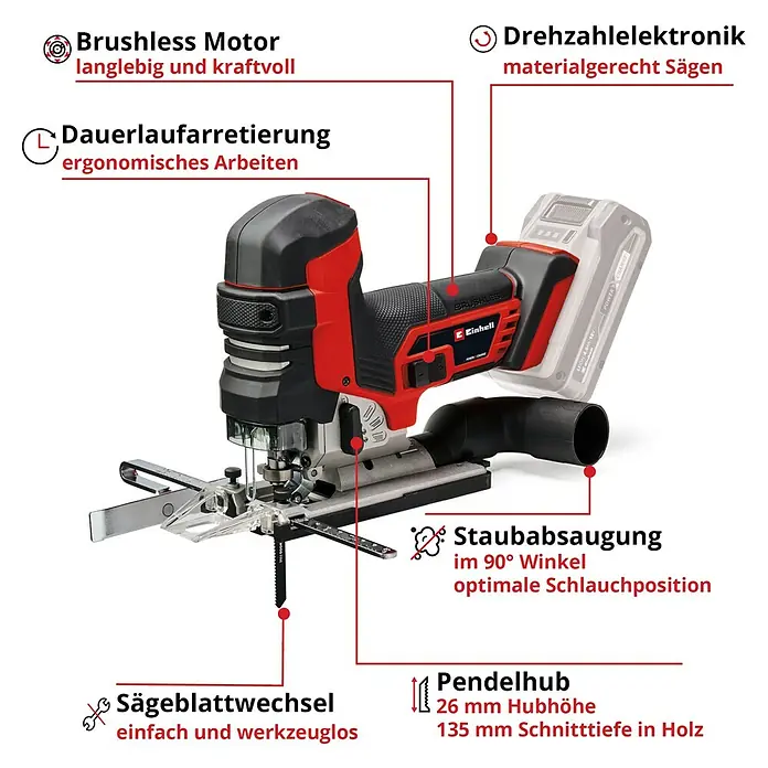 Einhell Professional Power X-Change 18V Akku-Pendelhubstichsäge TP-JST 18/135 Li BL - Solo - 18 V, Li-Ionen, Ohne Akku - Akku-Stichsäge von Einhell mit bürstenlosem Motor, Drehzahlreelektronik, Staubabsaugung und werkzeuglosem Sägeblattwechsel.