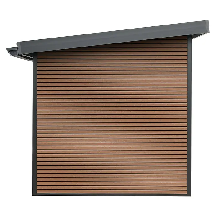 Gerätehaus Fusyon Composite - Außenmaß inkl. Dachüberstand (B x T): 238 x 234 cm, Verbundwerkstoff, Wooden Braun - Moderne Gartenlaube mit horizontaler Holzverkleidung und schlichtem Pultdach in Grau. Das Gartenhaus ist stilvoll und funktional.