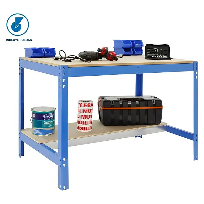 Simonrack Simonwork Banco de trabajo BT0 Mobile con panel 40 cm - L x An: 76 x 120 cm, Altura de trabajo: 95 cm, Carga soportada: 280 kg, Azul - Banco de trabajo con estanterías azules y herramientas. El banco de trabajo está equipado con un estante y ofrece mucho espacio de almacenamiento.