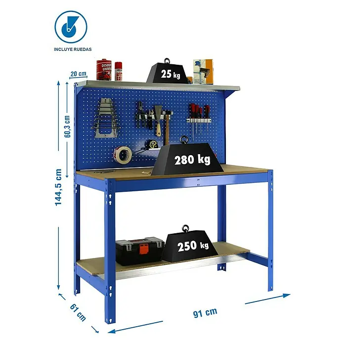 Simonrack Simonwork Banco de trabajo BT3 Mobile - L x An: 61 x 91 cm, Altura de trabajo: 144,5 cm, Carga soportada: 120 kg, Azul - Banco de trabajo con herramientas, accesorios e indicaciones de peso en los estantes. El banco de trabajo es azul y tiene una superficie de trabajo de madera.