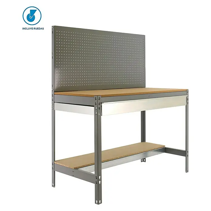 Simonrack Simonwork Banco de trabajo BT2 Box Mobile - L x An: 61 x 91 cm, Altura de trabajo: 144,5 cm, Carga soportada: 120 kg, Gris - Imagen de un banco de trabajo con panel perforado y estante, ideal para talleres y salas de hobby.