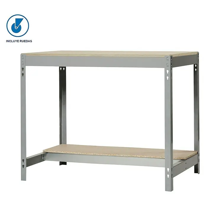 Simonrack Simonwork Banco de trabajo BT0 Mobile - L x An: 95,7 x 151 cm, Altura de trabajo: 91,7 cm, Carga soportada: 120 kg, Gris - Mesa de trabajo gris con dos estantes, ideal para uso de hobby y manualidades. La mesa y el estante son de madera clara.