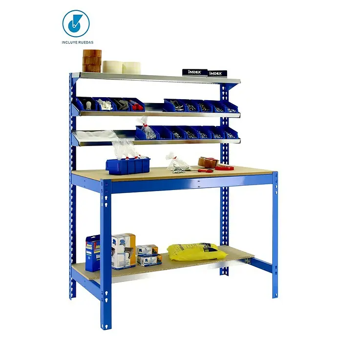 Simonrack Simonwork Banco de trabajo BT1 Mobile - L x An: 61 x 91 cm, Altura de trabajo: 152 cm, Carga soportada: 120 kg, Azul - Banco de trabajo azul con estantes y herramientas, ideal para taller o sala de aficiones. Este banco ofrece mucho almacenamiento y espacio de trabajo.