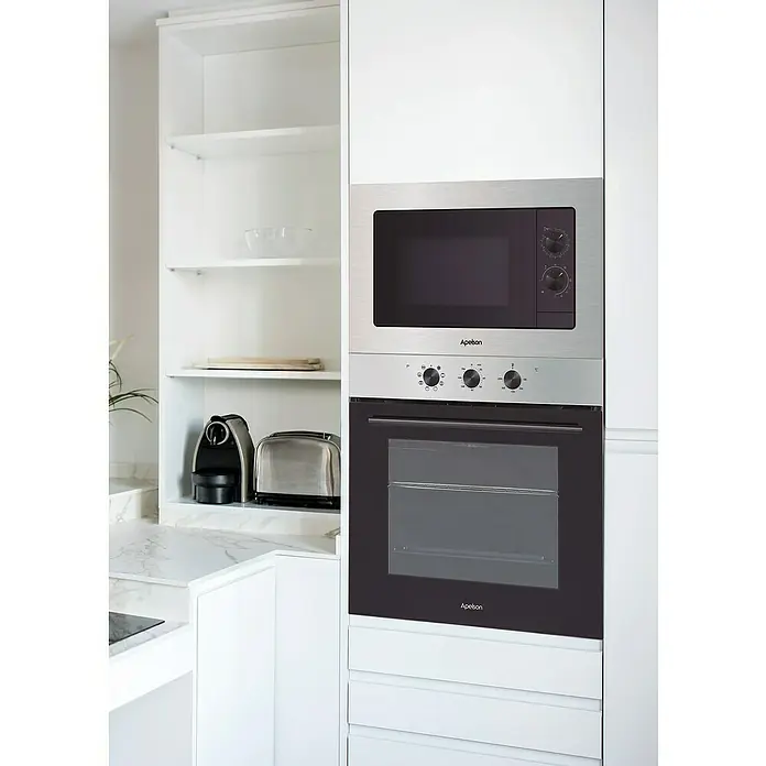 Apelson Horno empotrado AMM 5001 X - Número de tipos de calentamiento: 8 ud., Volumen horno: 73 l - Cocina moderna con horno y microondas Apelson de acero inoxidable, integrados en un armario blanco.