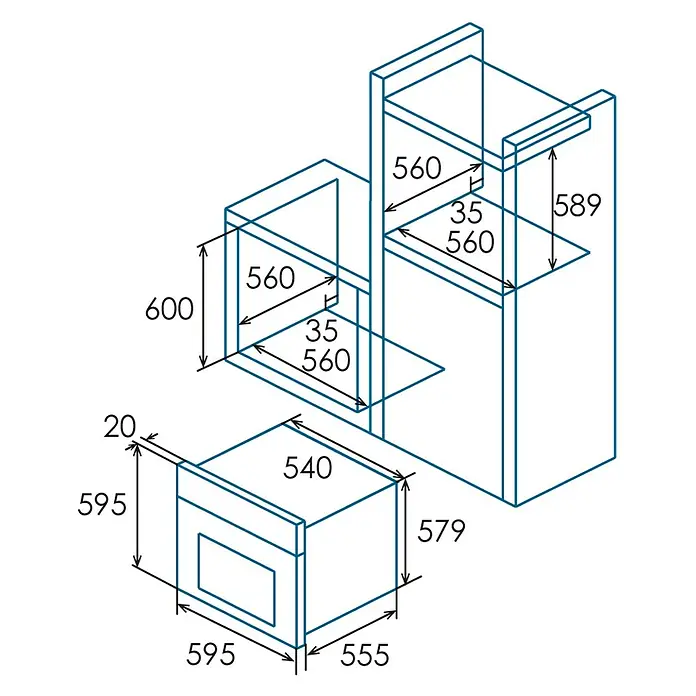 Apelson Set de horno y zona de cocción AMM 5001 X - Volumen horno: 73 l, Número de zonas de temperatura: 3 ud., Negro/Acero inoxidable - Dibujo técnico de un horno empotrable con dimensiones para la instalación. Ideal para diseñadores de cocinas e instaladores.