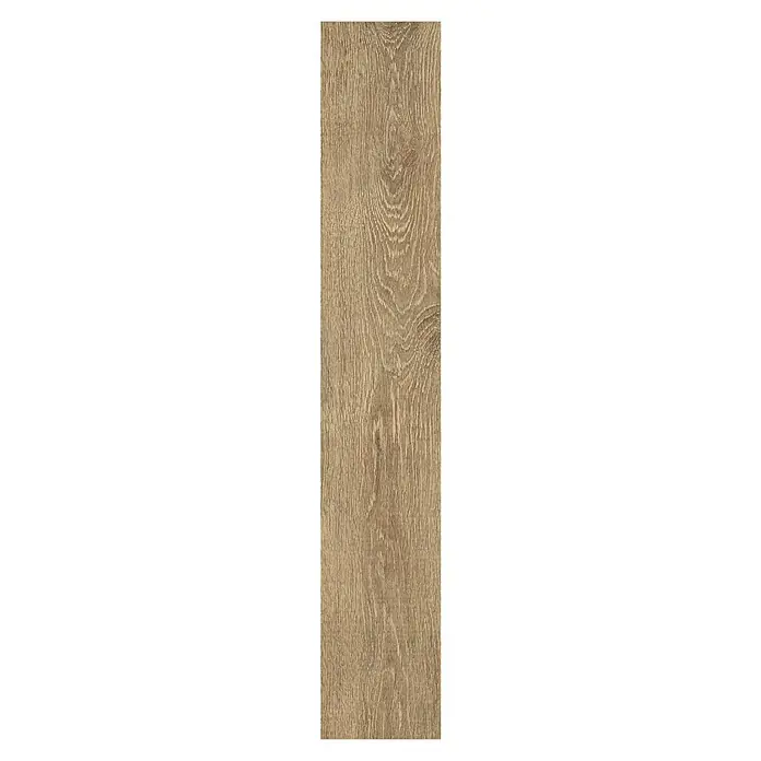 Feinsteinzeugfliese Nordika - 20 x 120 cm, Nut, Matt - Nahaufnahme einer hellbraunen Holzbodenfliese mit Maserung.