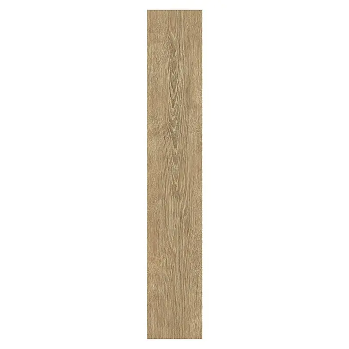 Feinsteinzeugfliese Nordika - 20 x 120 cm, Nut, Matt - Detailaufnahme einer beigen Holzfliese mit ausgeprägter Maserung. Perfekt für natürliche und warme Bodendesigns.