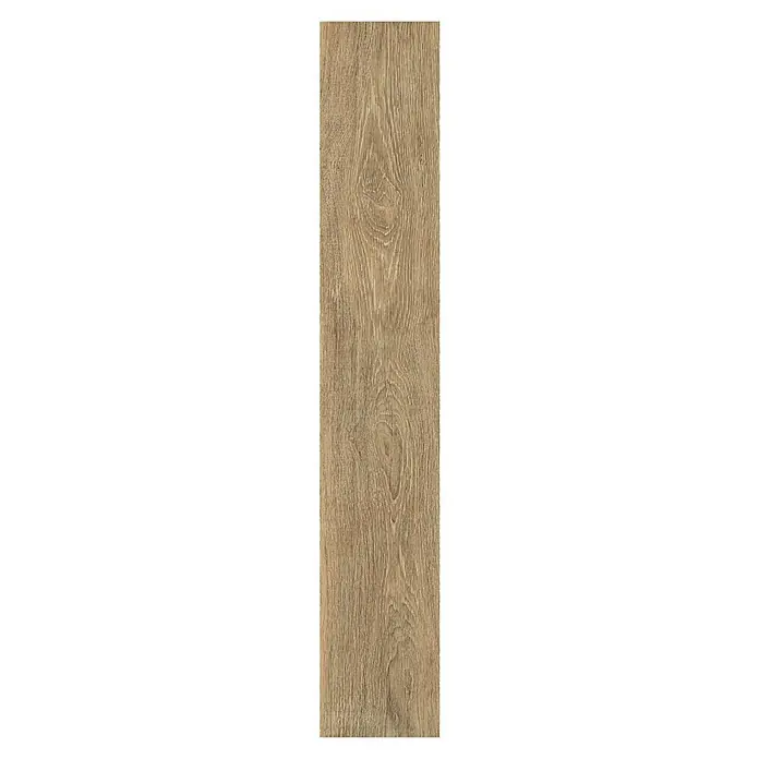 Feinsteinzeugfliese Nordika - 20 x 120 cm, Nut, Matt - Detailaufnahme eines Holzplankenprodukts mit Maserung, ideal für Bodenbeläge oder Wandverkleidungen, die eine natürliche Optik wünschen.