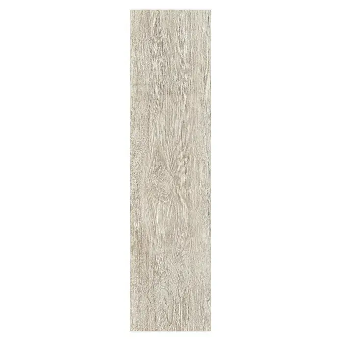 Feinsteinzeugfliese Nordika - 22,5 x 90 cm, Tortora, Matt - Nahaufnahme einer hellen Holzfliese mit Maserung und Astlöchern, ideal für moderne Innenräume.