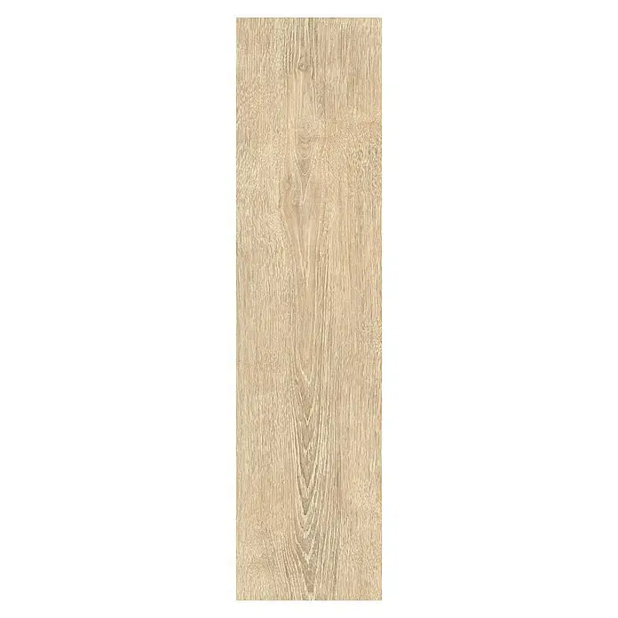 Feinsteinzeugfliese Nordika - 22,5 x 90 cm, Cream, Matt - Detailaufnahme einer hellen Holzdiele mit markanter Maserung, ideal für moderne Bodenbeläge und stilvolle Innenräume.
