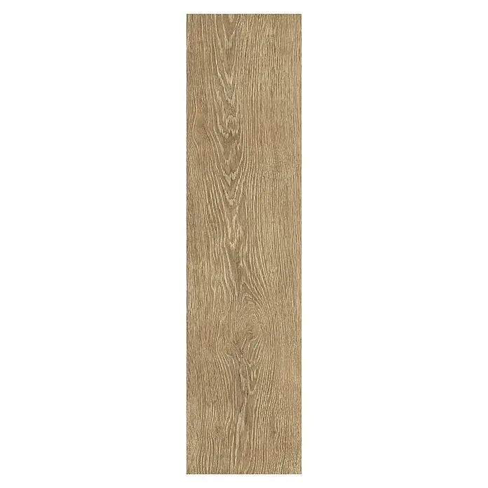 Feinsteinzeugfliese Nordika - 22,5 x 90 cm, Nut, Matt - Nahaufnahme eines Holzdielenprodukts mit markanter Maserung und warmen Farbtönen, ideal für Bodenbeläge.