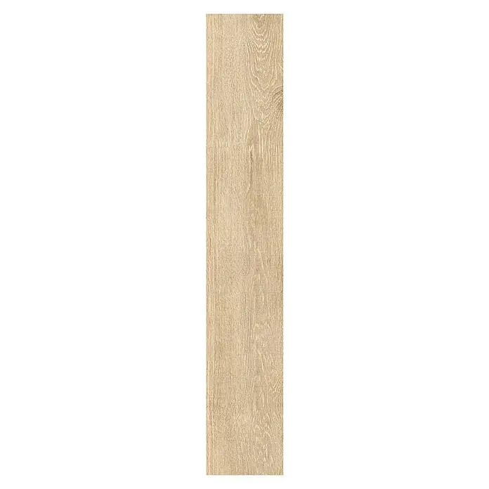 Feinsteinzeugfliese Nordika - 20 x 120 cm, Cream, Matt - Detailaufnahme einer hellbraunen Holzfliese mit deutlicher Maserung, ideal für moderne Boden- und Wandgestaltungen.