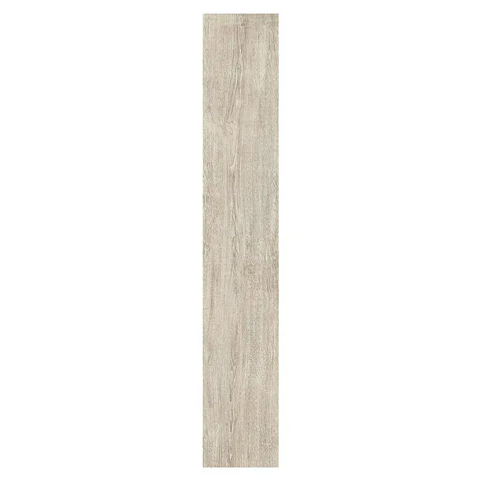 Feinsteinzeugfliese Nordika - 20 x 120 cm, Tortora, Matt - Nahaufnahme einer langen, hellbraunen Holzplanke mit einer dezenten Maserung, perfekt für moderne und rustikale Innenräume.