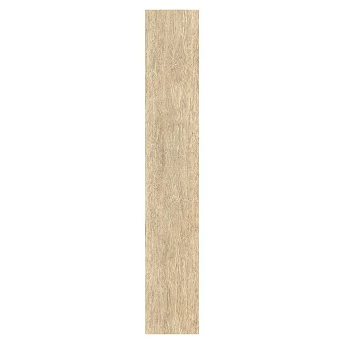 Feinsteinzeugfliese Nordika - 20 x 120 cm, Cream, Matt - Detailaufnahme einer Holzfliese mit natürlicher Maserung in warmen Farbtönen. Perfekt für rustikale und moderne Interieurs.