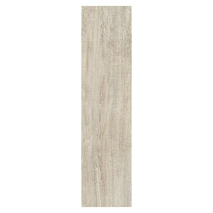 Feinsteinzeugfliese Nordika - 22,5 x 90 cm, Tortora, Matt - Detailaufnahme einer länglichen, hellbraunen Holzdiele mit ausgeprägter Maserung und natürlichen Farbschattierungen für Bodenbeläge.