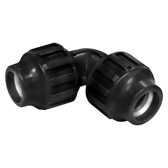 Codo montaje rápido - Diámetro: 40 mm, 1 ud., Polietileno - En la imagen: codo de plástico negro para tuberías, ideal para sistemas de riego y aplicaciones de fontanería, conexiones seguras.