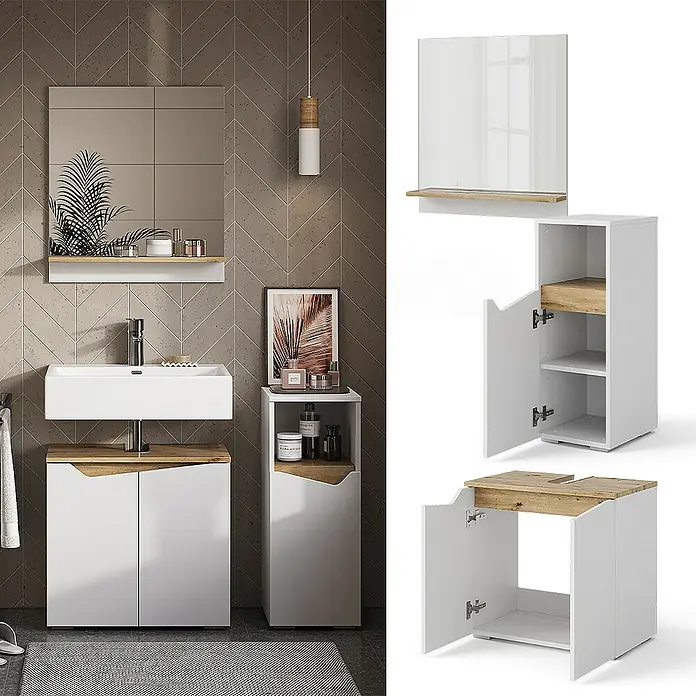 Vicco Badmöbel-Set Marelle Weiß 3 Teile, mit Midischrank - Gesamtbreite Badmöbel: 90 cm, Weiß, Matt