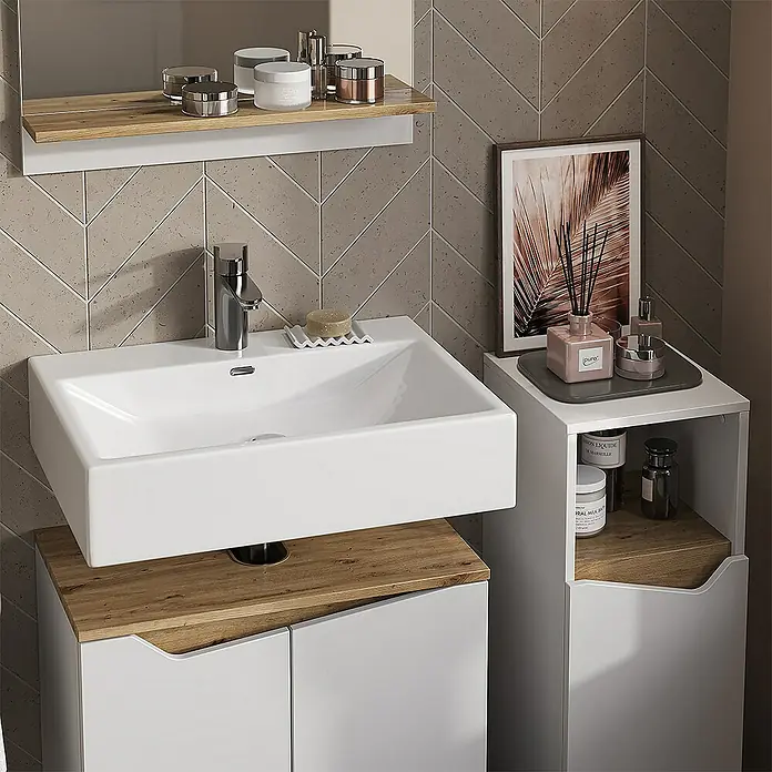 Vicco Badmöbel-Set Marelle Weiß 3 Teile, mit Midischrank - Gesamtbreite Badmöbel: 90 cm, Weiß, Matt