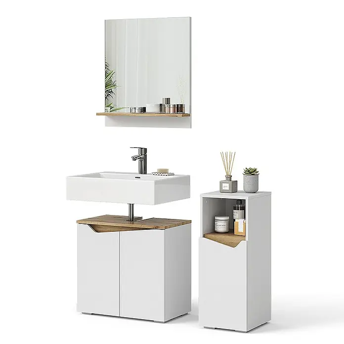 Vicco Badmöbel-Set Marelle Weiß 3 Teile, mit Midischrank - Gesamtbreite Badmöbel: 90 cm, Weiß, Matt