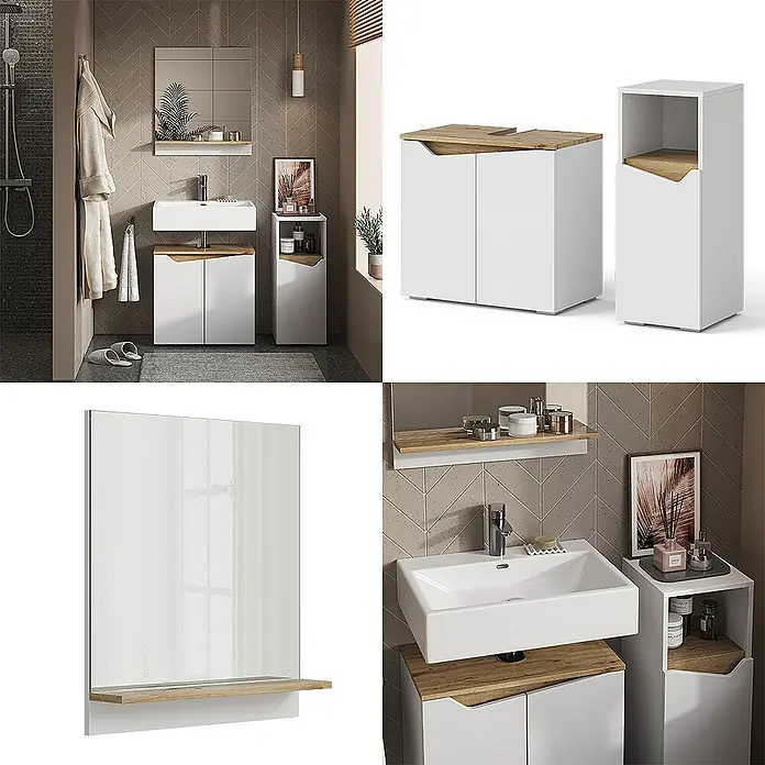 Vicco Badmöbel-Set Marelle Weiß 3 Teile, mit Midischrank - Gesamtbreite Badmöbel: 90 cm, Weiß, Matt
