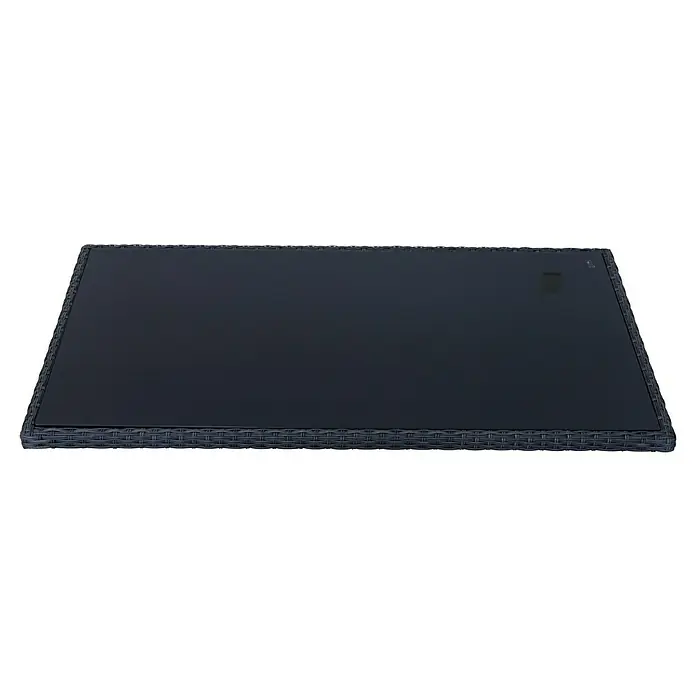 Malaga Garten-Tischgestell Oberteil - L x B: 130 x 75 cm, Anthrazit - Nahaufnahme einer rechteckigen Tischplatte mit schwarzem Glas und gewebtem Rand, ideal für den Außenbereich.