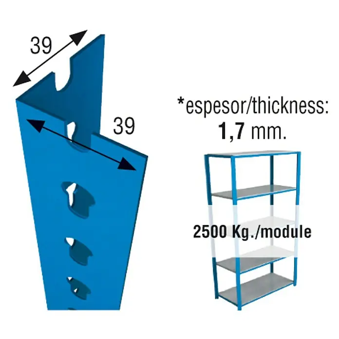 Simonrack Simonclick Perfil angular - L x An x Al: 200 x 3,9 x 3,9 cm, Metal, Azul - Vista detallada de un sistema de estanterías azul con grosor (1,7 mm) y capacidad de carga (2500 Kg/módulo).