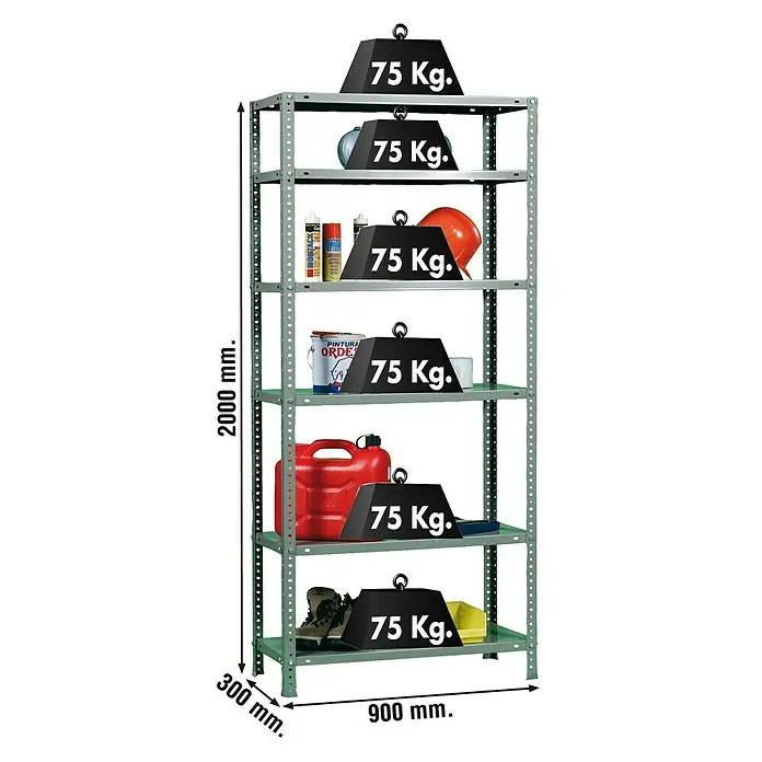 Simonrack Simonclassic Estantería metálica Advantage - Al x An x Pr: 200 x 90 x 30 cm, Capacidad de carga por balda: 75 kg, Número de baldas: 6 ud., Atornillado, Gris - En la imagen se muestra una estantería gris con seis estantes, con diversos objetos y pesas de 75 kg en cada estante.