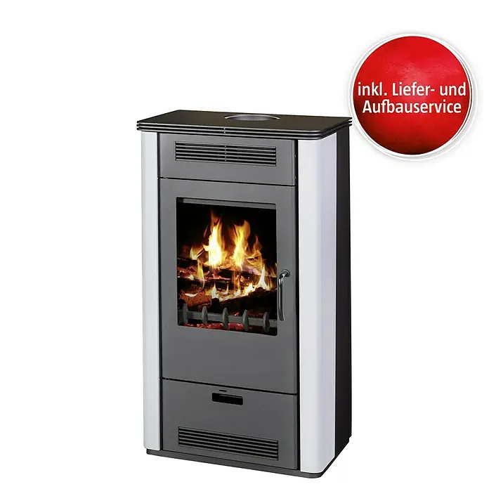 Firefix Kaminofen-Set Etna - 7 kW, Raumheizvermögen: 140 m³, Material Verkleidung: Stahl, Anthrazit/Weiß - Ein Kaminofen mit Feuerholz im Inneren und einem roten Aufkleber, der kostenlose Lieferung und Installation anzeigt.