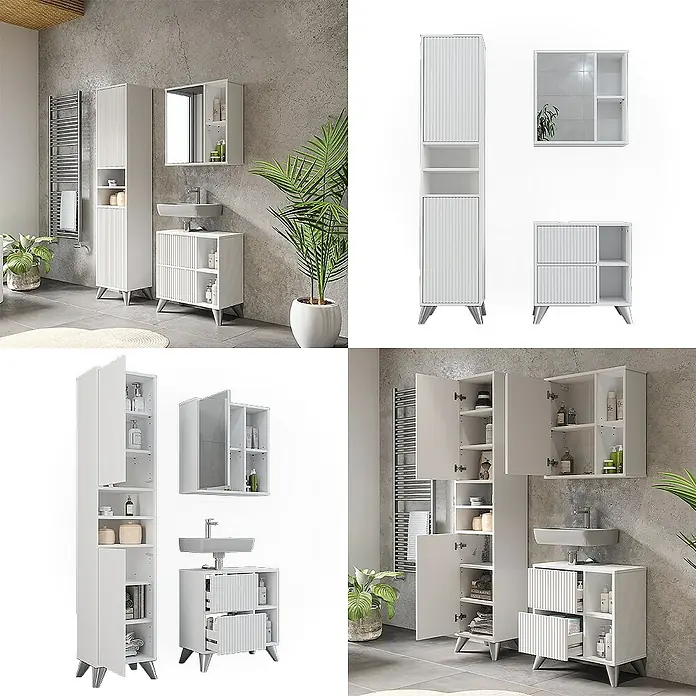 Vicco Badmöbel-Set Leano Weiß 3 Teile - Weiß, Matt