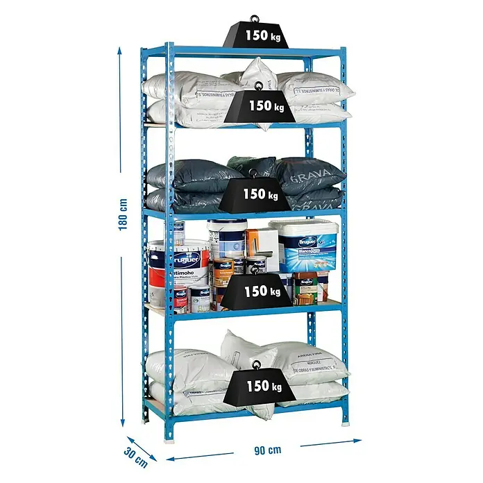 Simonrack Maderclick Estantería metálica - Al x An x Pr: 180 x 90 x 30 cm, Capacidad de carga por balda: 150 kg, Número de baldas: 5 ud., Inserción, Azul - Imagen de una estantería azul resistente de cinco niveles, cargada con botes de pintura y sacos, incluyendo indicaciones de peso.