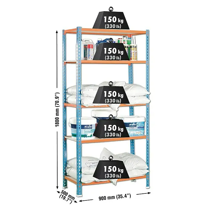 Simonrack Maderclick Metallregal Maderclick - H x B x T: 180 x 90 x 50 cm, Traglast pro Boden: 150 kg, Anzahl Böden: 5 Stk., Stecken, Blau/Orange - Abbildung eines Schwerlastregals mit fünf Ebenen, das mit Werkzeugen, Farbeimern und Sandsäcken beladen und mit Gewichten beschriftet ist.