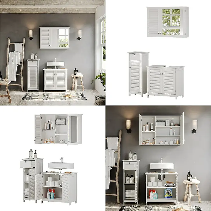 Vicco Badmöbel-Set Riad Weiß 3 Teile, Option 4 - Gesamtbreite Badmöbel: 92 cm, Weiß, Matt