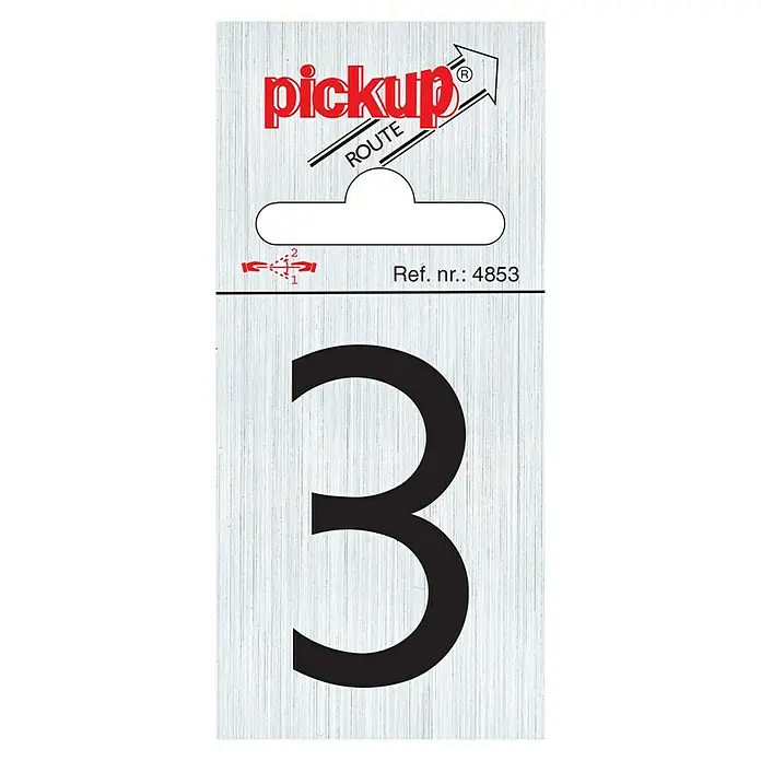 Pickup Aufkleber - Motiv: 3, L x B: 6 x 4,4 cm - Das Bild zeigt ein Pickup Route 4853 Nummer 3 Schild mit gebürstetem Aluminiumeffekt. Ideal zur Kennzeichnung von Routen oder Lagerplätzen.