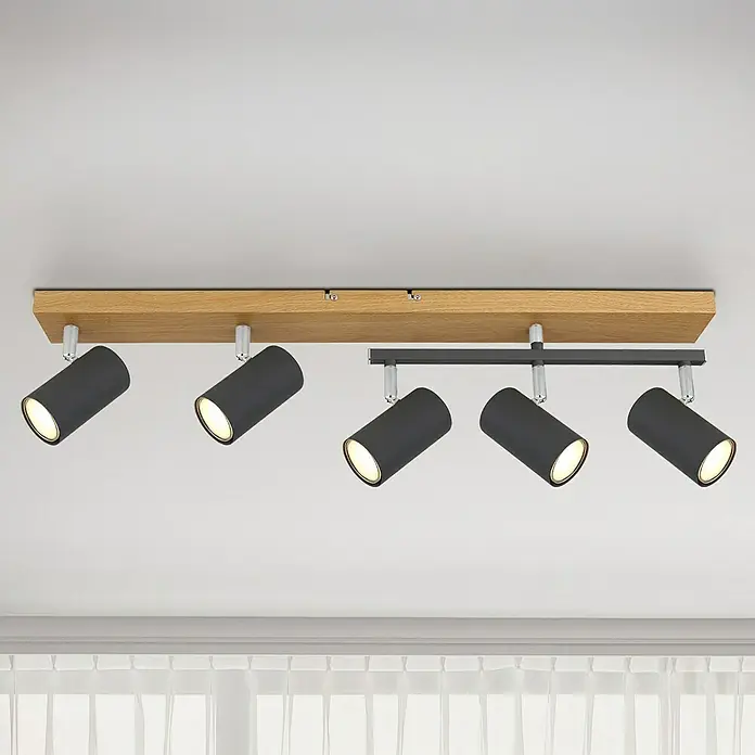 Globo Robby LED-Deckenleuchte - 35 W, L x B x H: 70 x 35 x 17 cm, Graphit, Holz - Moderne Deckenleuchte mit fünf schwarzen Strahlern und Holzdetails, die eine stilvolle Beleuchtung für jeden Raum bietet.