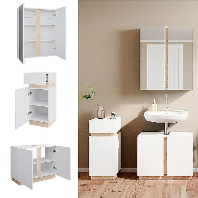 Vicco Badmöbel-Set Gloria Weiß 3 Teile, mit Midischrank - Gesamtbreite Badmöbel: 103,4 cm, Weiß, Matt