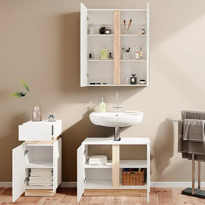 Vicco Badmöbel-Set Gloria Weiß 3 Teile, mit Midischrank - Gesamtbreite Badmöbel: 103,4 cm, Weiß, Matt