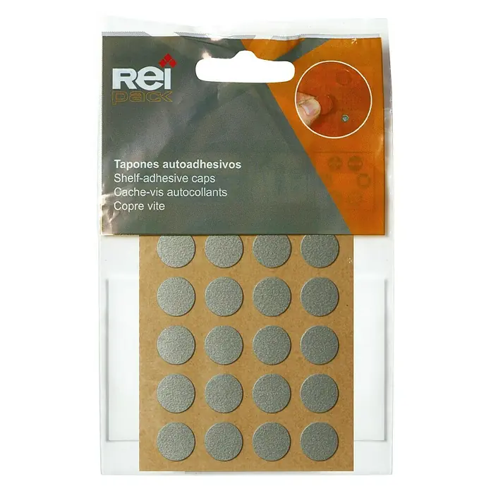 Rei Tapón embellecedor 4063 - Aluminio - Imagen de un paquete de tapones autoadhesivos para estanterías de Rei Pack.