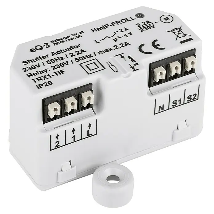 Homematic IP Rollladenschalter HmIP-FROLL - Unterputz, 54 x 41 x 33 mm, Funk - Nahaufnahme eines Homematic IP-Rollladenaktors zur Steuerung von Rollläden und Jalousien im Smart Home.