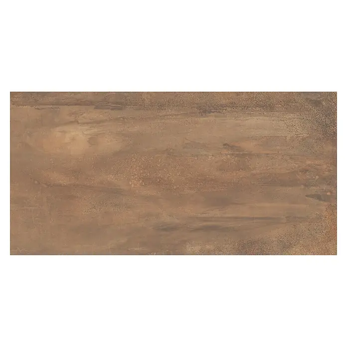 Metallica Feinsteinzeugfliese - 60 x 120 cm, Oxyd, Matt - Nahaufnahme einer strukturierten, matten, horizontal gemusterten braunen Keramikfliese.