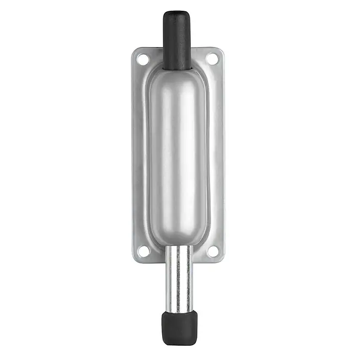 Inofix Tope fijador - L x An x Al: 25 x 44 x 154 mm, Atornillado, Cromo - Imagen detallada de un tope de puerta plateado con protector de goma negro. Protege las paredes de golpes de las puertas.