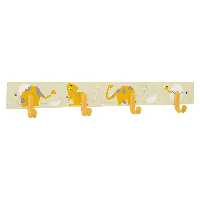 Inofix Perchero 3706 - L x An x Al: 488 x 8 x 48 cm, Madera, Amarillo - Un perchero colorido con motivos de dinosaurios y ganchos amarillos, ideal para la habitación de un niño para mantener el orden y añadir diversión.